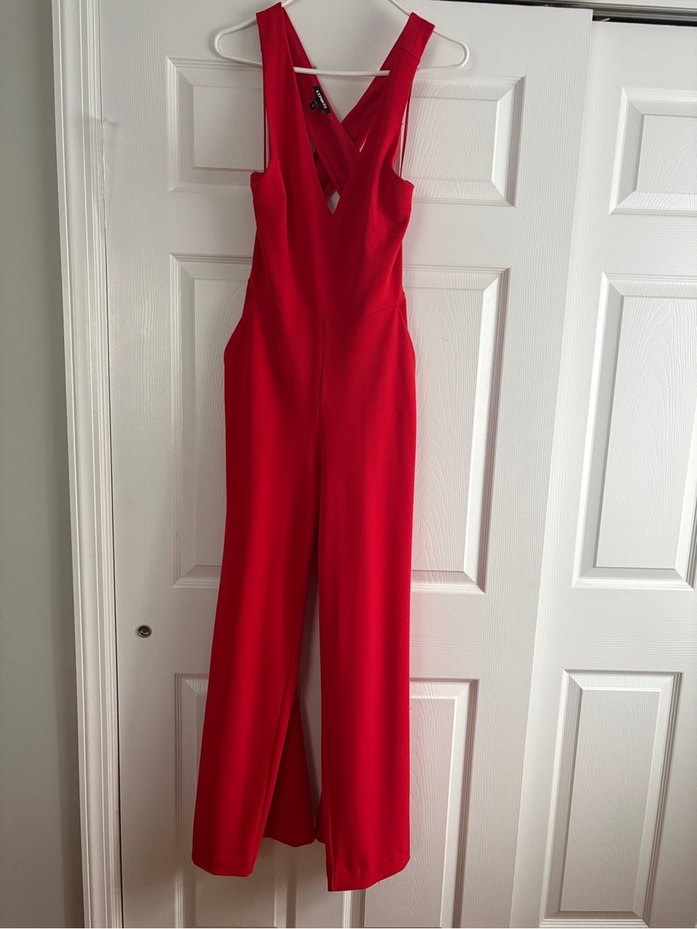 Express Vibrant Red V-Neck Wide-Leg Jumpsuit